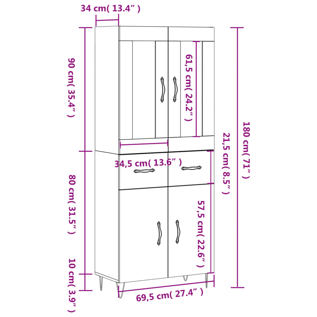 Skříň highboard bílá 69,5 x 34 x 180 cm kompozitní dřevo - obrázek 14