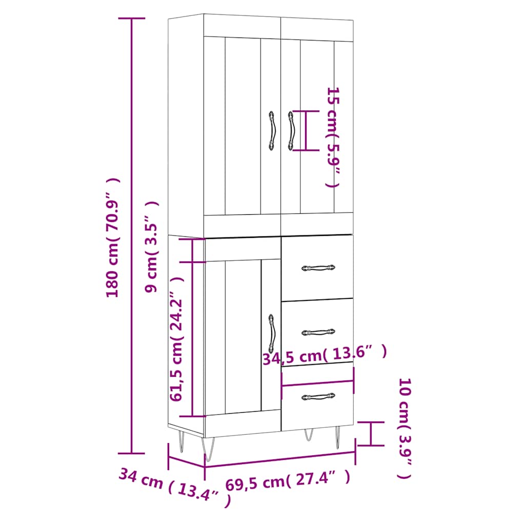 Skříň highboard bílá 69,5 x 34 x 180 cm kompozitní dřevo - obrázek 14
