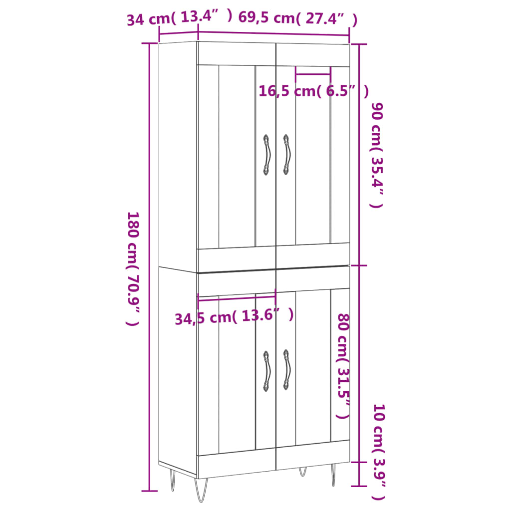 Skříň highboard kouřový dub 69,5 x 34 x 180 cm kompozitní dřevo - obrázek 13