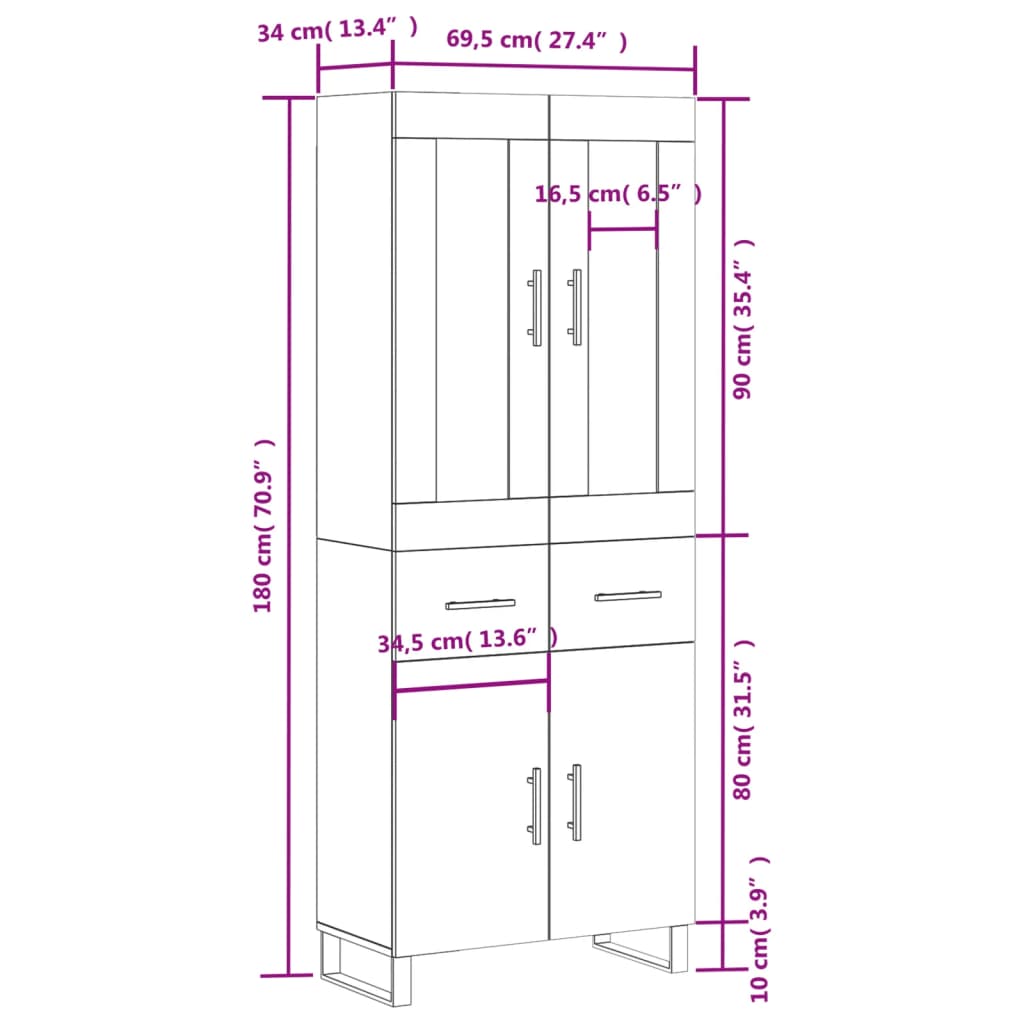 Skříň highboard bílá 69,5 x 34 x 180 cm kompozitní dřevo - obrázek 14