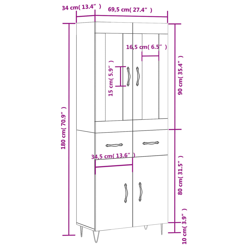 Skříň highboard bílá 69,5 x 34 x 180 cm kompozitní dřevo - obrázek 14