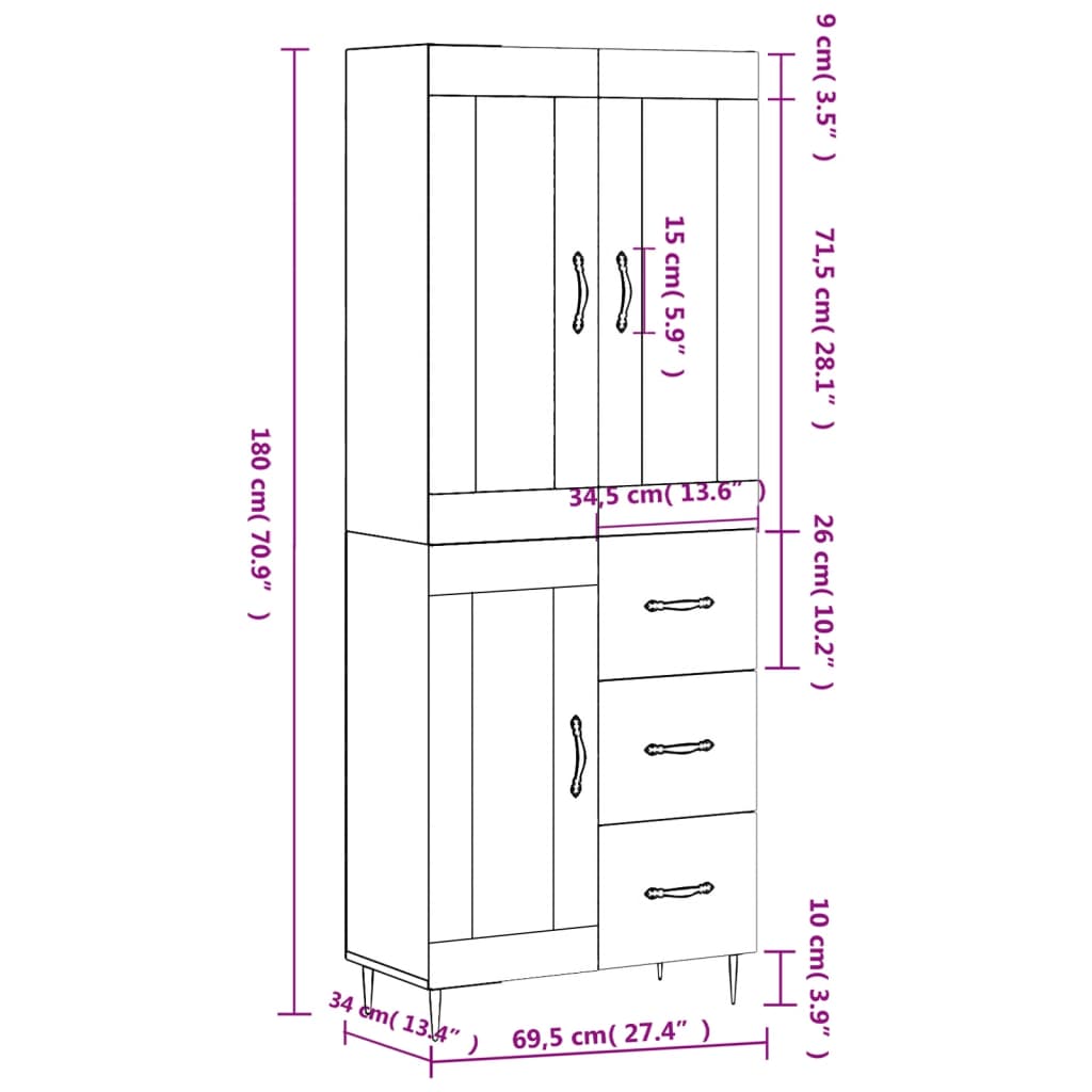 Skříň highboard bílá 69,5 x 34 x 180 cm kompozitní dřevo - obrázek 14