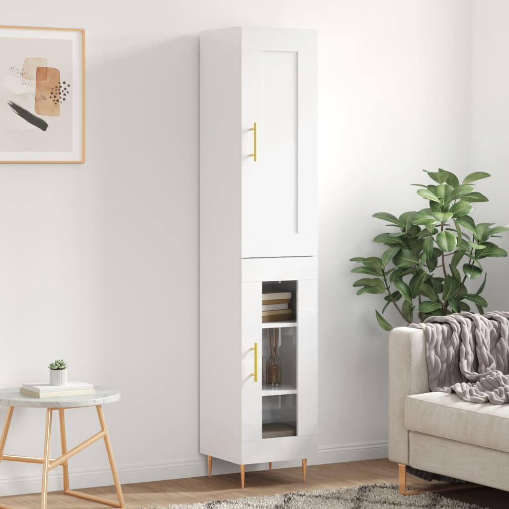 Buffet haut blanc brillant 34,5x34x180 cm bois d'ingénierie