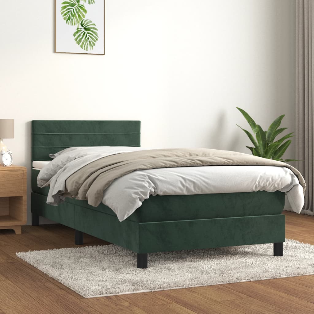 vidaXL Pat box spring cu saltea, verde închis, 90x190 cm, catifea