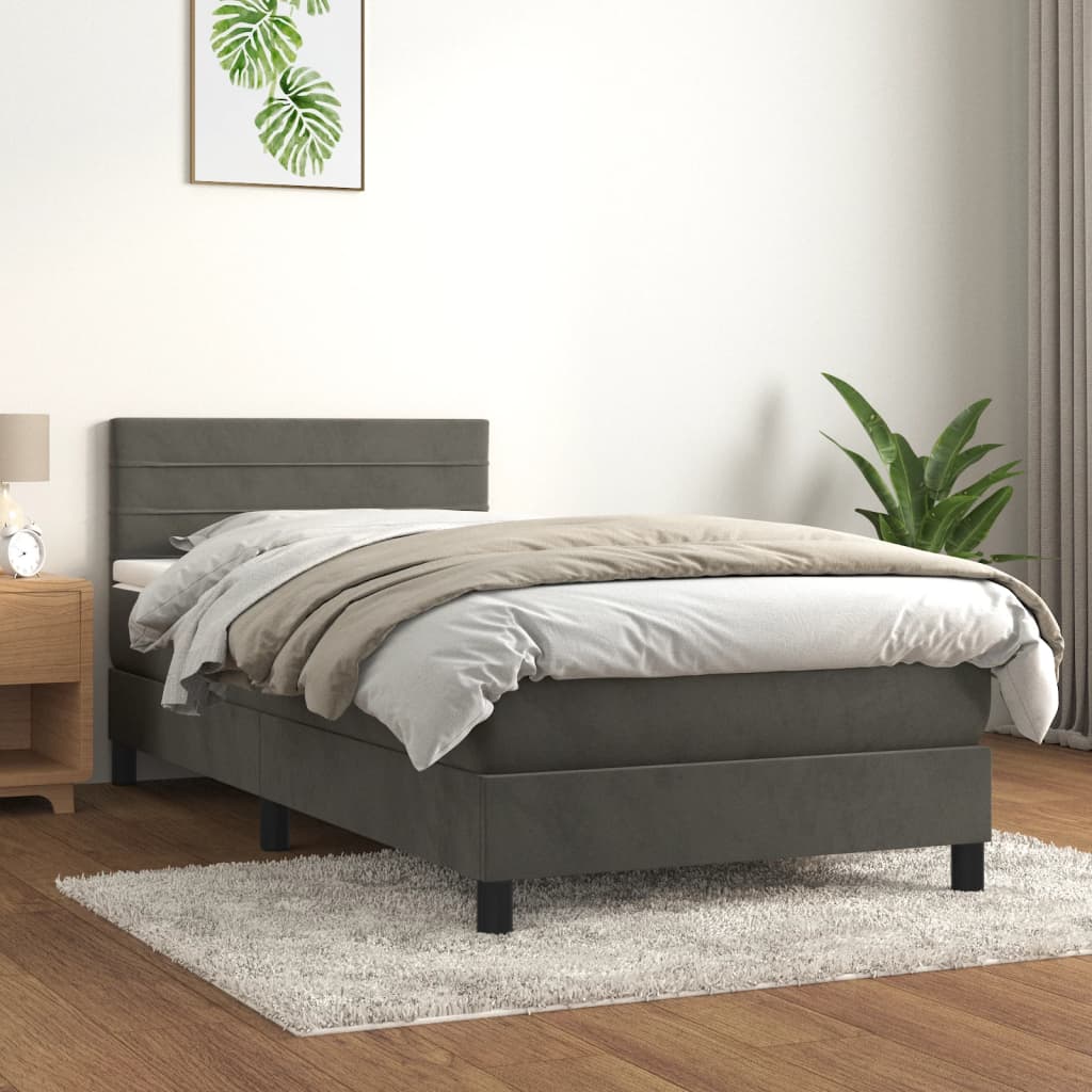 vidaXL Pat box spring cu saltea, gri închis, 100x200 cm, catifea