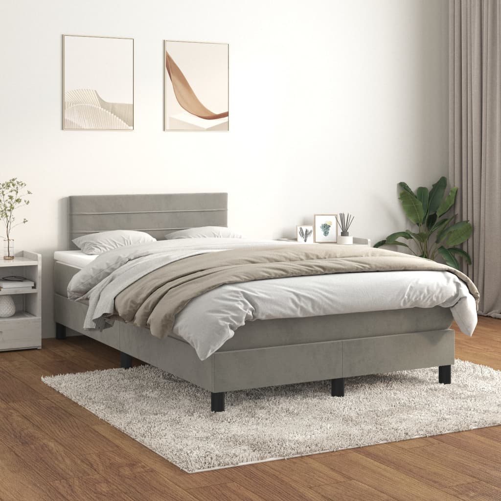 Pat box spring cu saltea, gri deschis, 120x200 cm, catifea