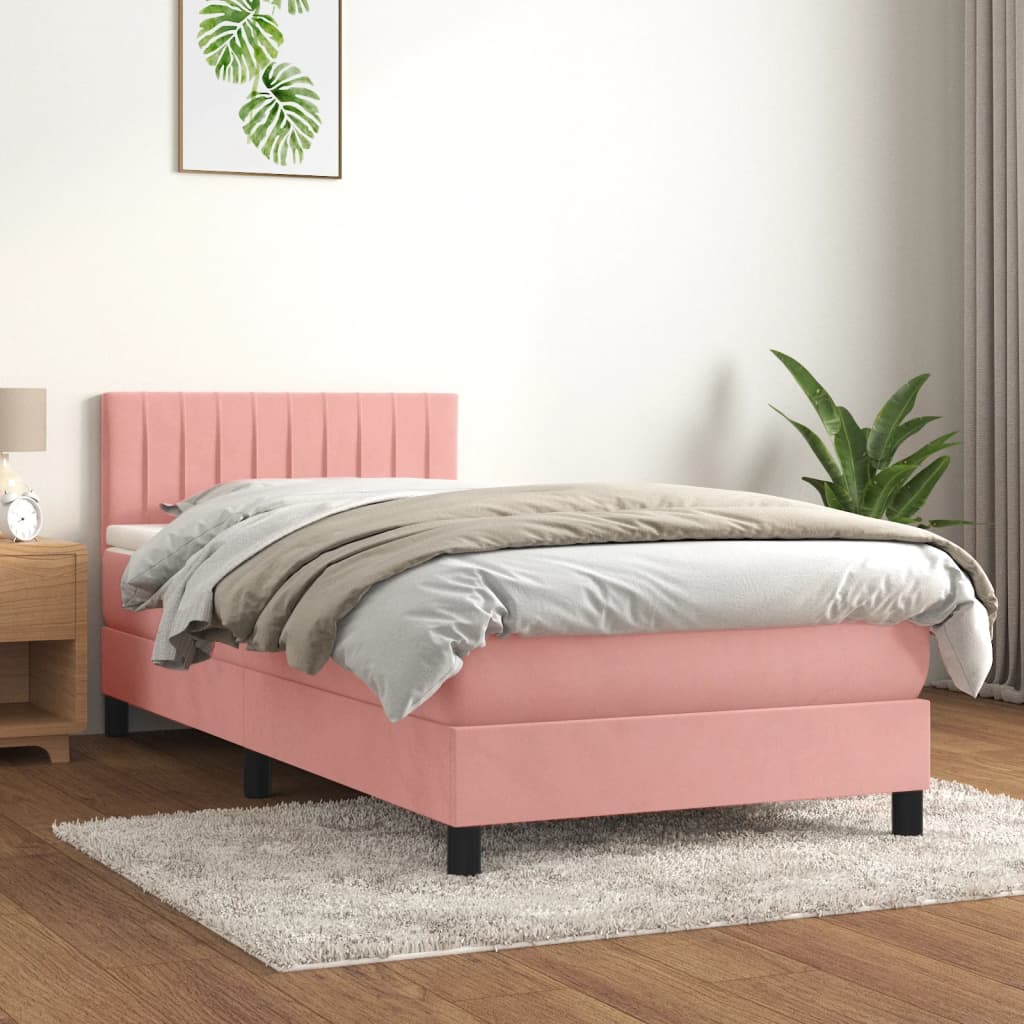 vidaXL Pat box spring cu saltea, roz, 90x190 cm, catifea