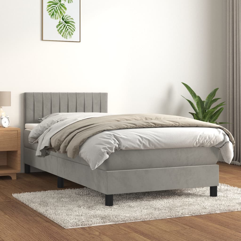vidaXL Pat box spring cu saltea, gri deschis, 90×200 cm, catifea