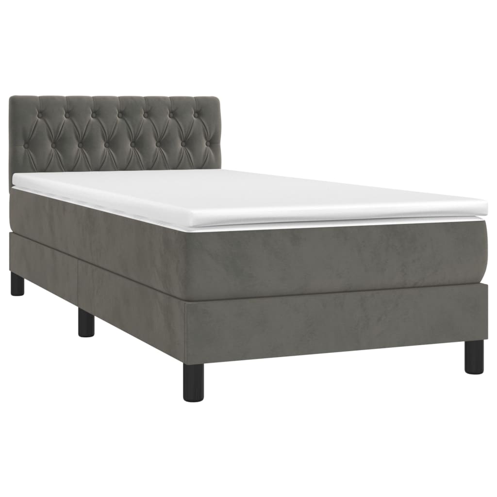 Pat box spring cu saltea, gri închis, 90x190 cm, catifea