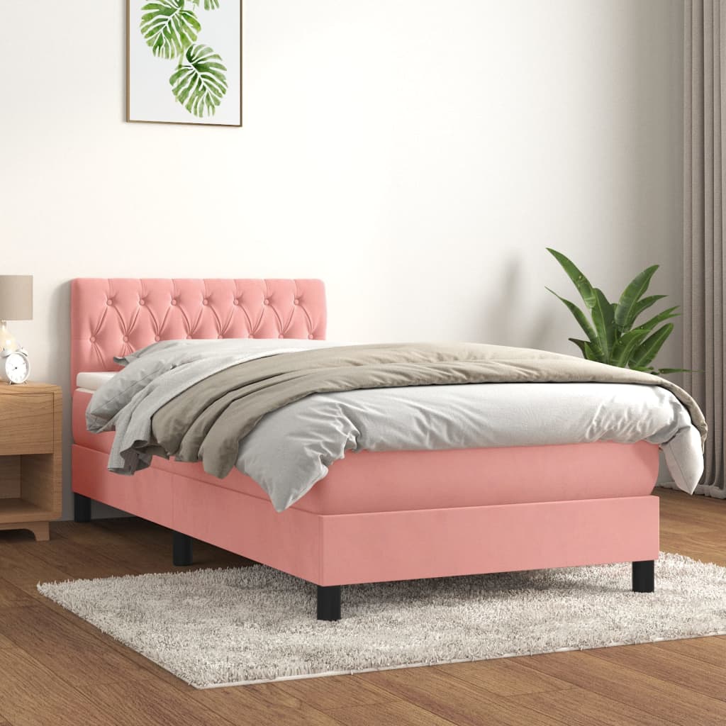 vidaXL Pat box spring cu saltea, roz, 90x200 cm, catifea