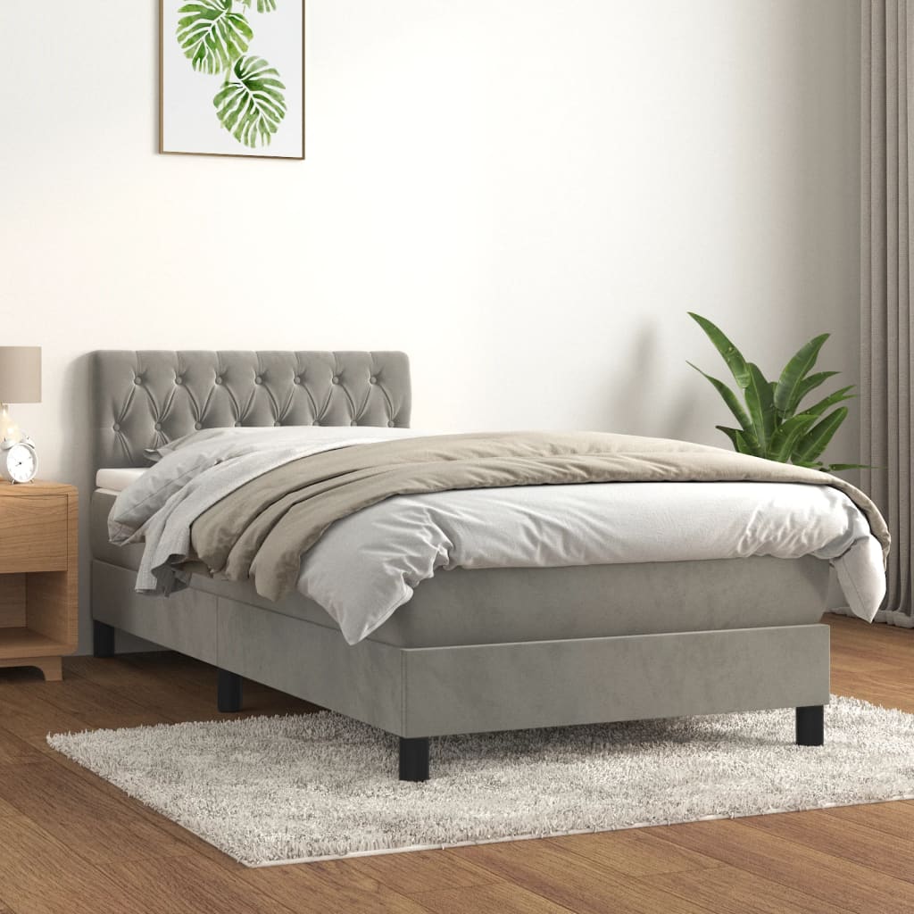 vidaXL Pat box spring cu saltea, gri deschis, 100x200 cm, catifea