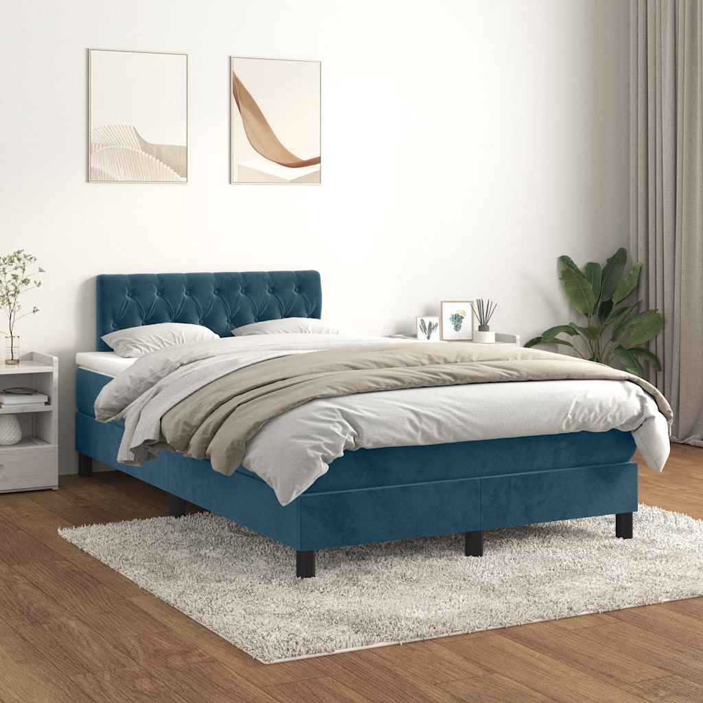 vidaXL Pat box spring cu saltea, albastru închis, 120x200 cm, catifea