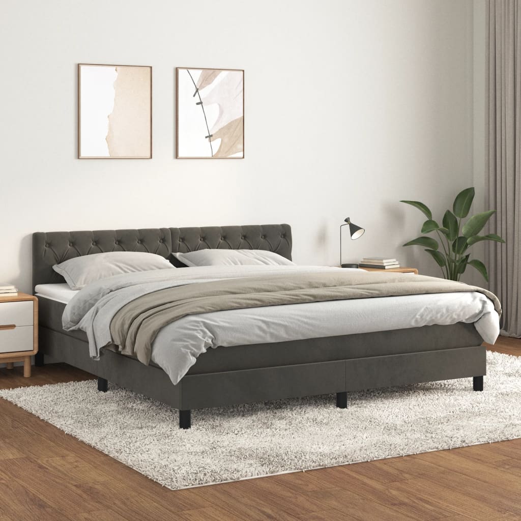 vidaXL Pat box spring cu saltea, gri închis, 160x200 cm, catifea