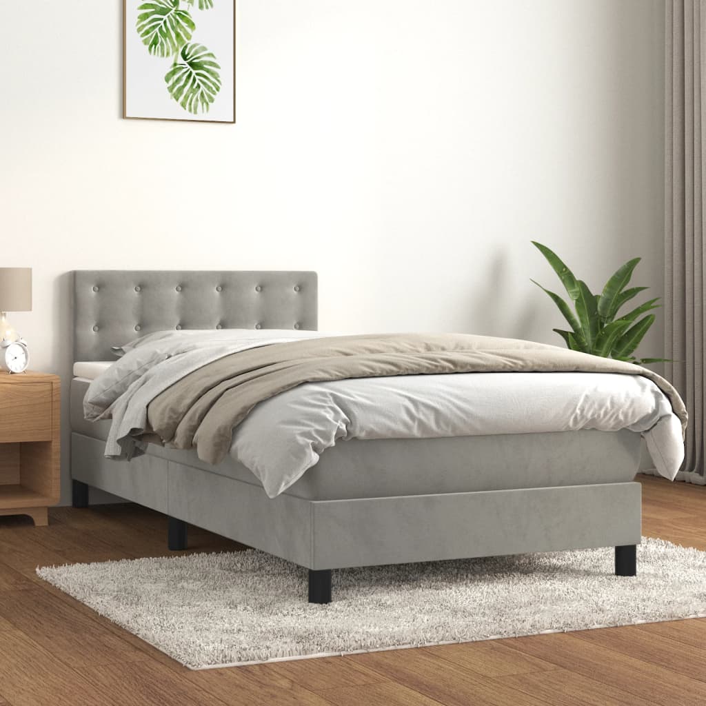 vidaXL Pat box spring cu saltea, gri deschis, 90x190 cm, catifea