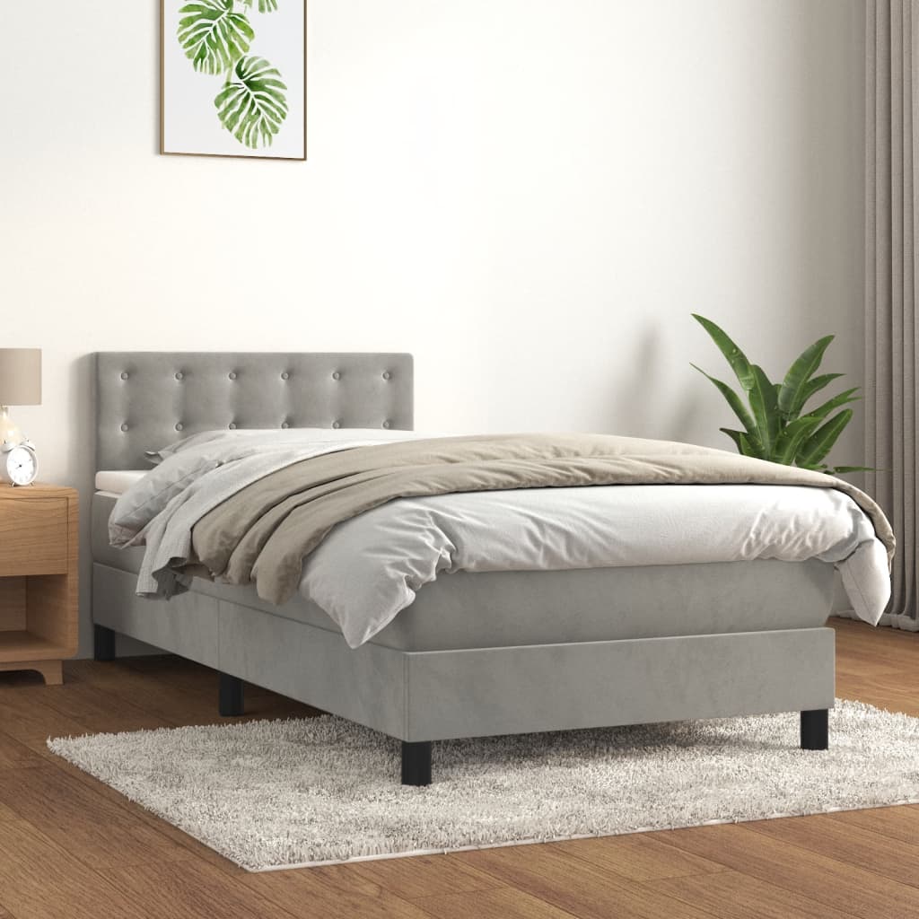 vidaXL Pat box spring cu saltea, gri deschis, 90x200 cm, catifea