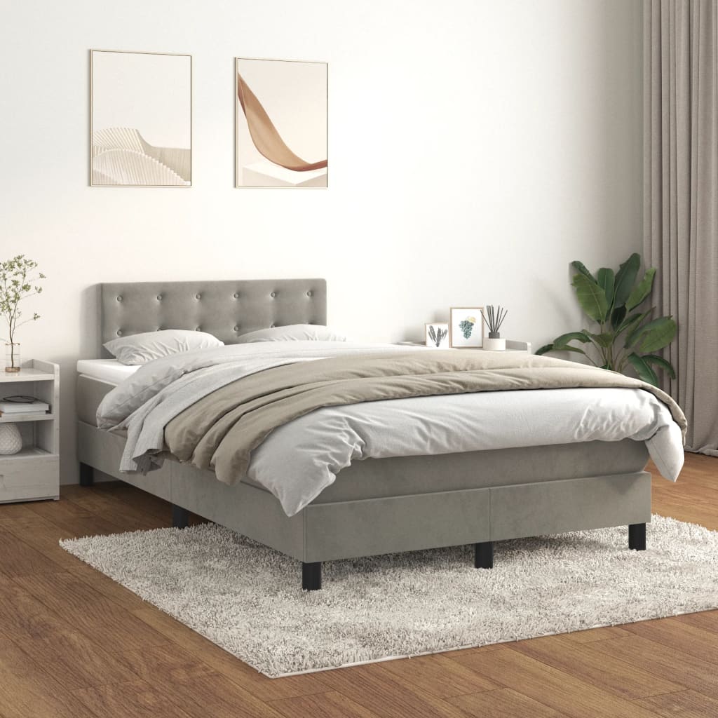Világosszürke bársony rugós ágy matraccal 120 x 200 cm 