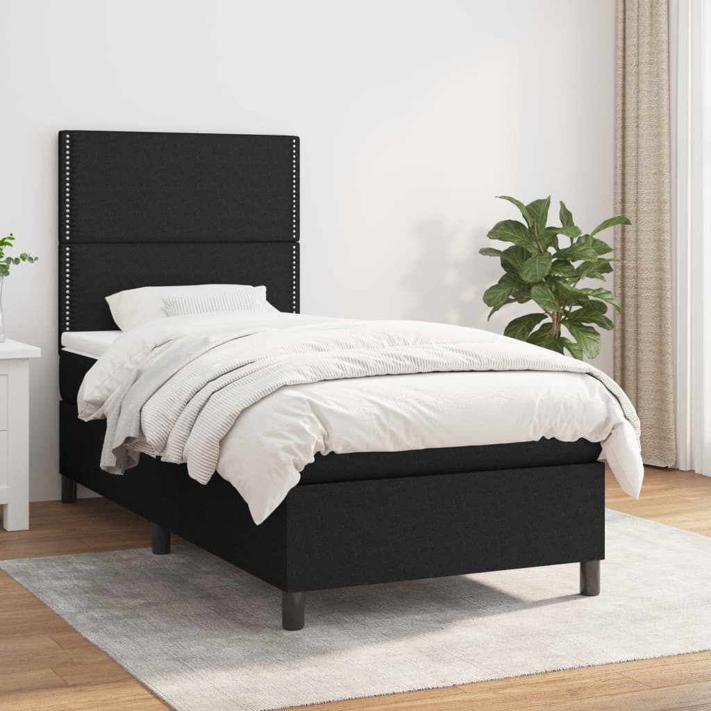 fekete szövet rugós ágy matraccal 80 x 200 cm