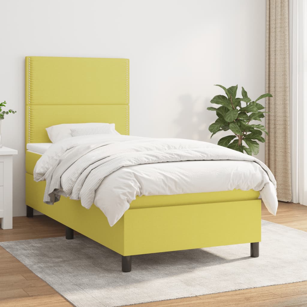 vidaXL Pat box spring cu saltea, verde, 90×200 cm, textil