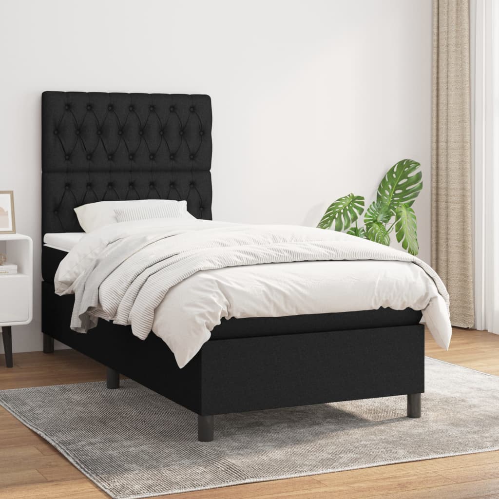 vidaXL Pat box spring cu saltea, negru, 90x190 cm, textil