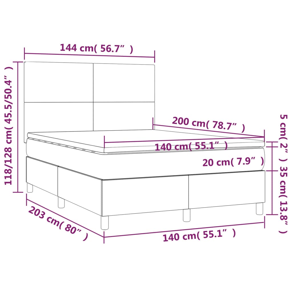 Łóżko kontynentalne ciemnoszare 203x144x118/128 cm + materac 140x200x20 cm + nakładka 140x200x5 cm