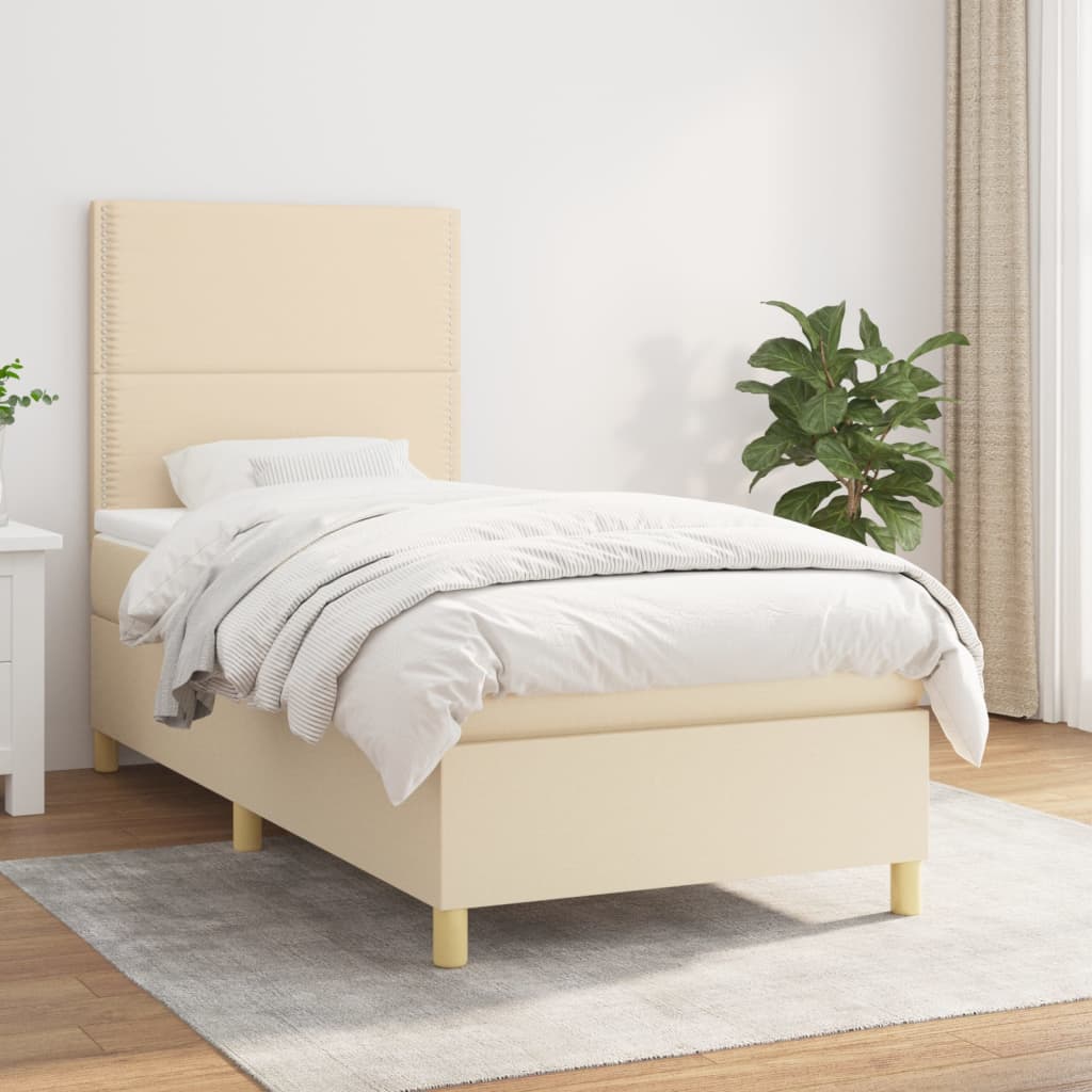 krémszínű szövet rugós ágy matraccal 90 x 200 cm