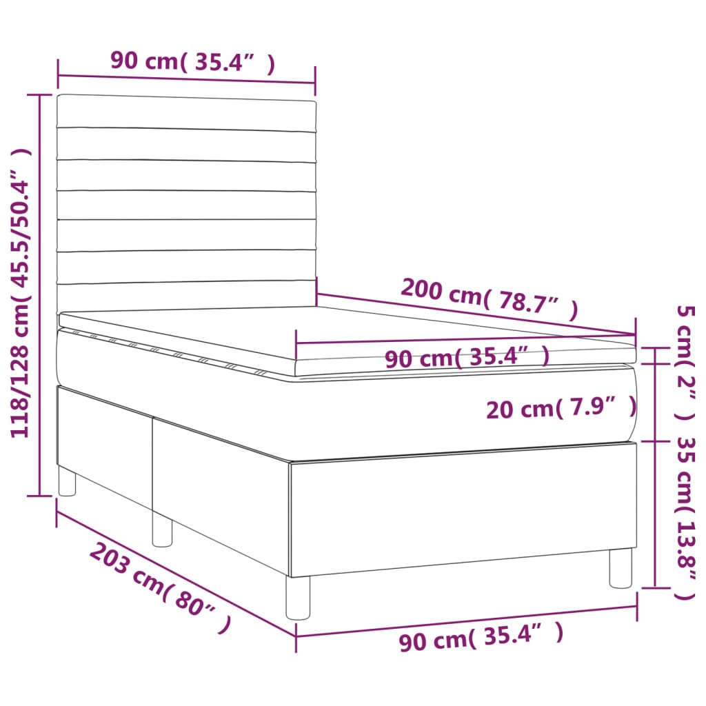 Pat box spring cu saltea, gri închis, 90x200 cm, textil