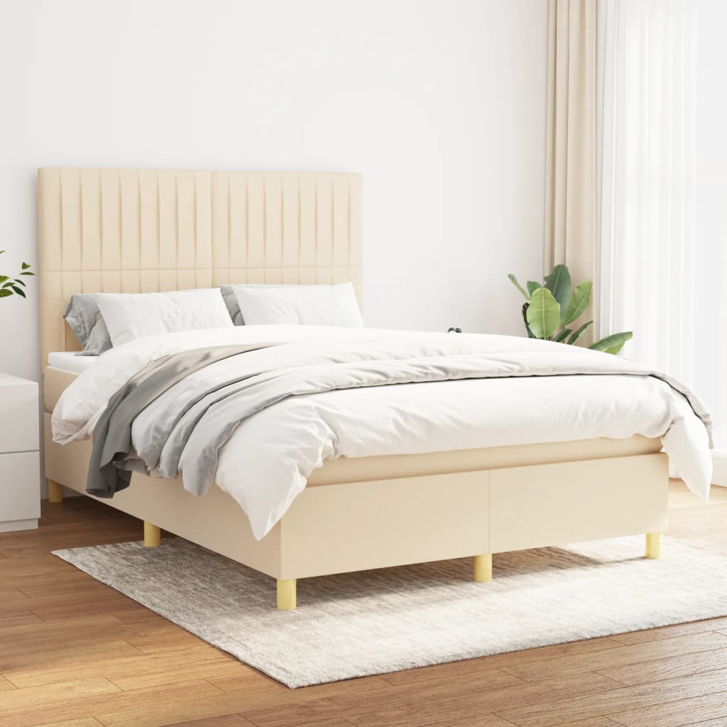 vidaXL Pat continental cu saltea, crem, 140×200 cm, material textil