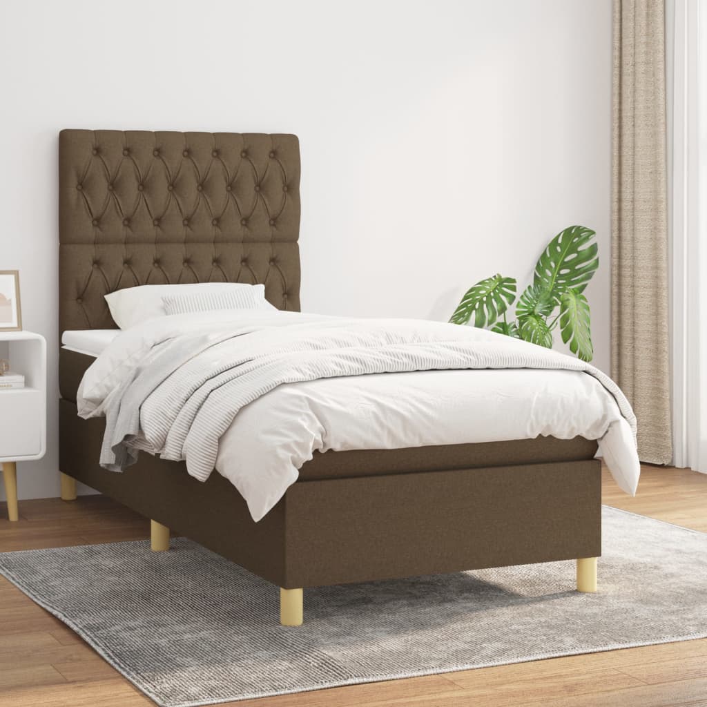 vidaXL Pat box spring cu saltea, maro închis, 90x190 cm, textil