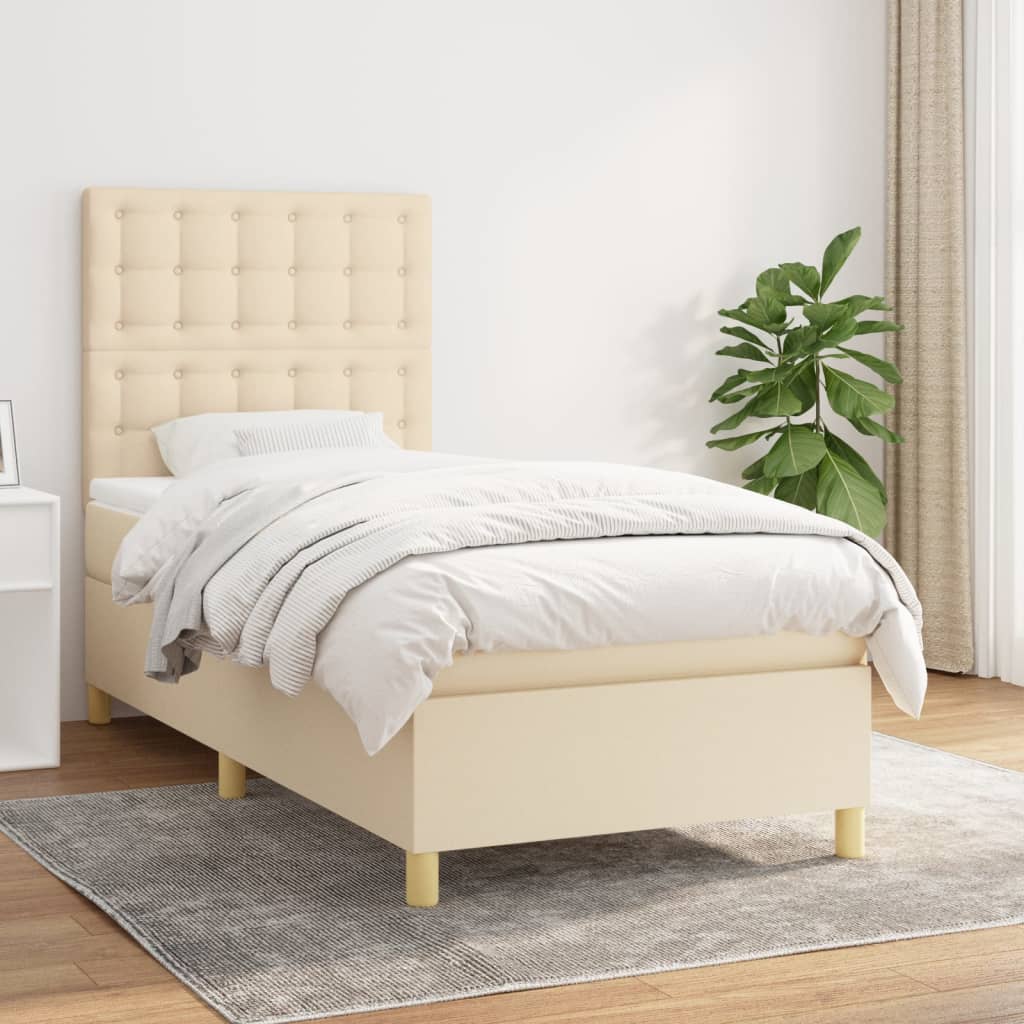 vidaXL Pat box spring cu saltea, crem, 90x190 cm, textil