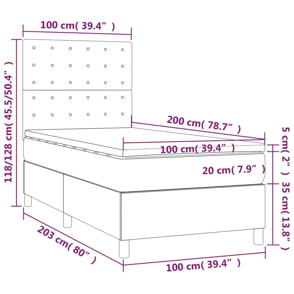 Łóżko kontynentalne czarne 203x100x118/128 cm + materac biało-czarny 100x200x20 cm + nakładka ochronna biała 100x200x5 cm