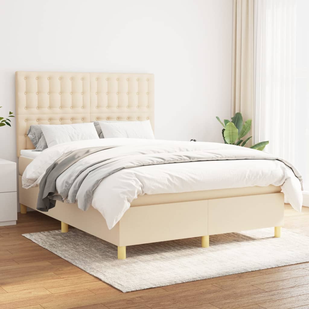 vidaXL Boxspringbett mit Matratze Creme 140x190 cm Stoff