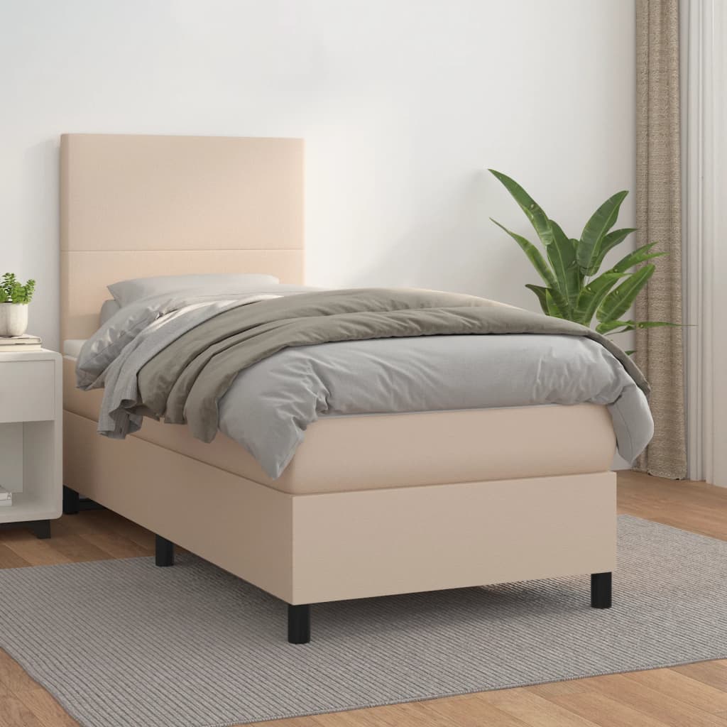 vidaXL Pat box spring cu saltea, cappuccino, 80x200 cm piele ecologică