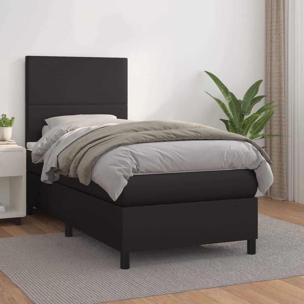 vidaXL Pat box spring cu saltea, negru, 90x190 cm, piele ecologică