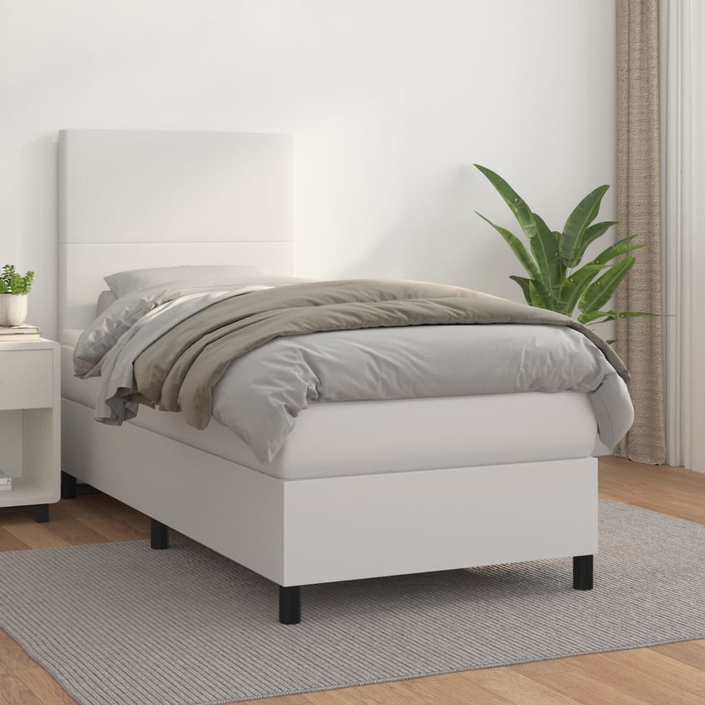 vidaXL Pat box spring cu saltea, alb, 90x190 cm, piele ecologică