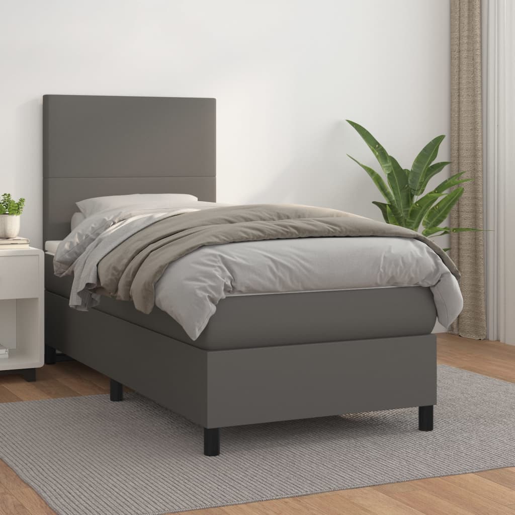 vidaXL Pat box spring cu saltea, gri, 90x190 cm, piele ecologică