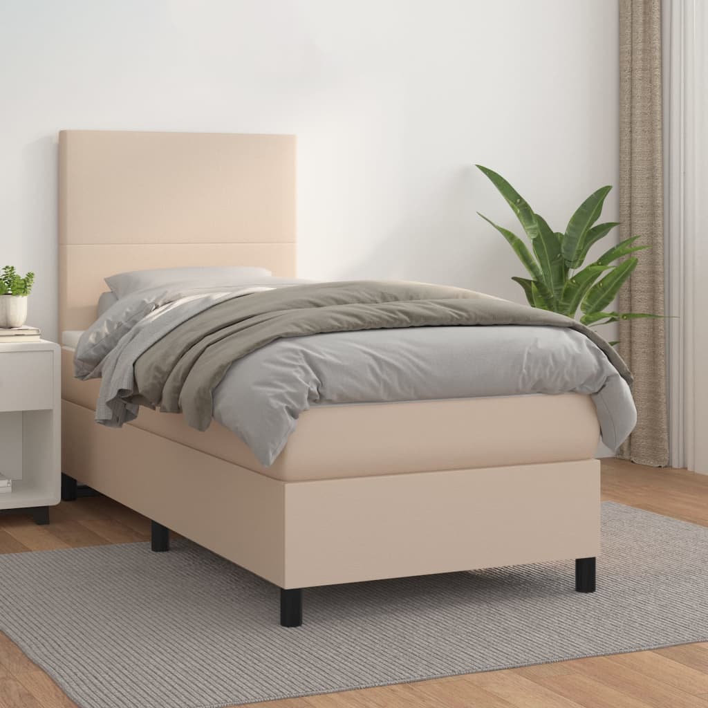 vidaXL Pat box spring cu saltea, cappuccino, 90x190 cm piele ecologică