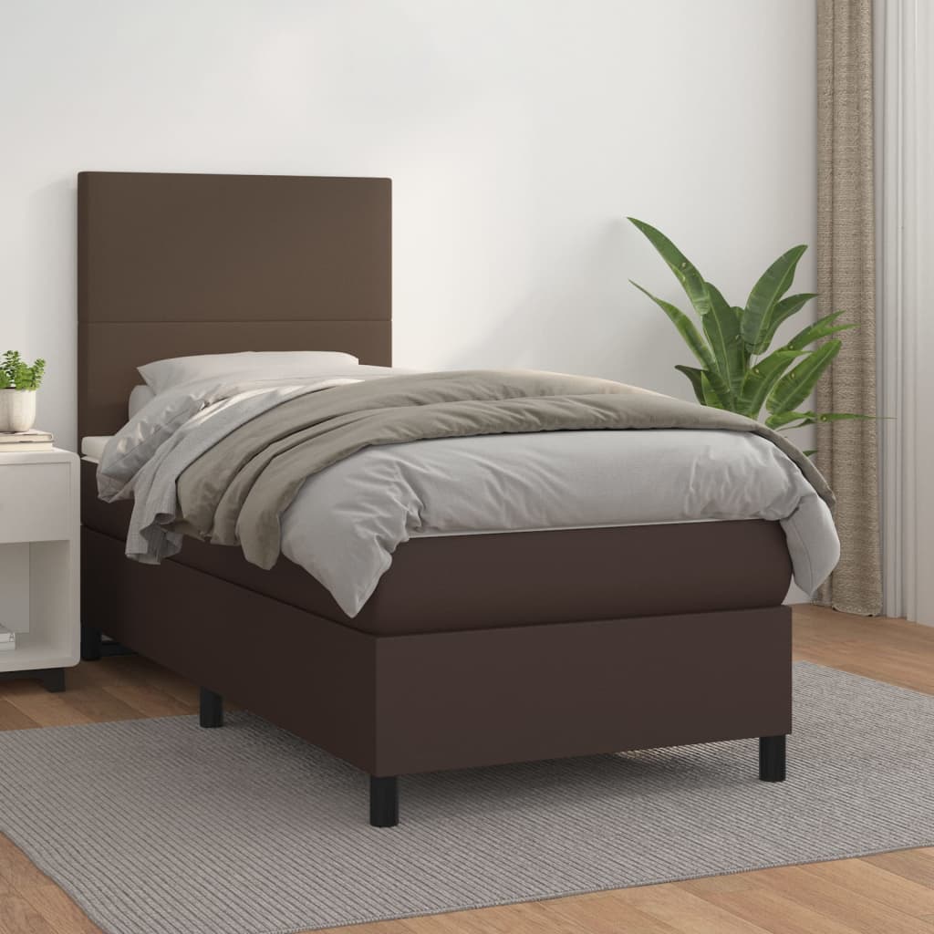 vidaXL Pat box spring cu saltea, maro, 90x200 cm, piele ecologică