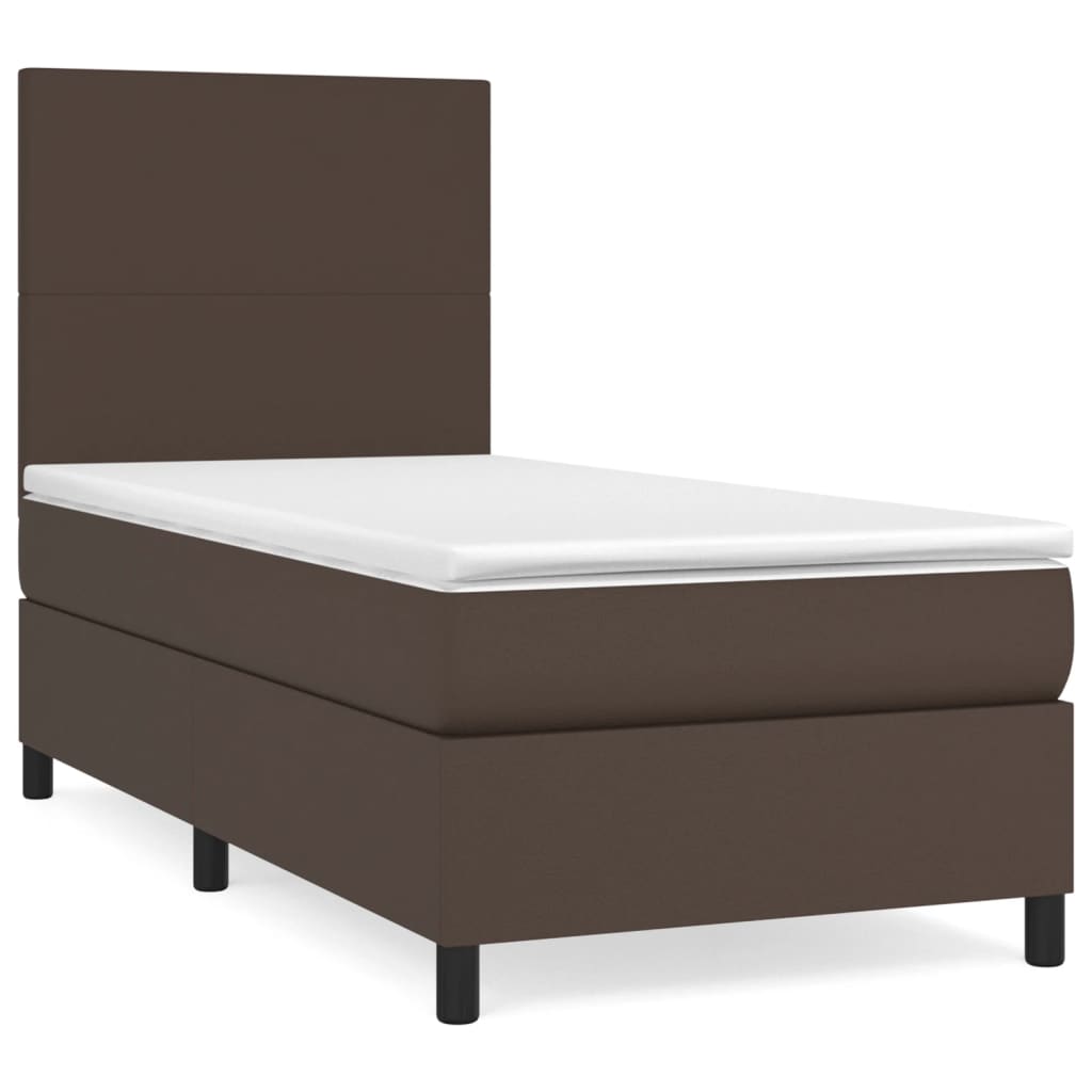Pat box spring cu saltea, maro, 100x200 cm, piele ecologică