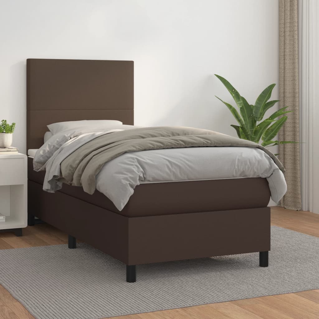 vidaXL Pat box spring cu saltea, maro, 100x200 cm, piele ecologică