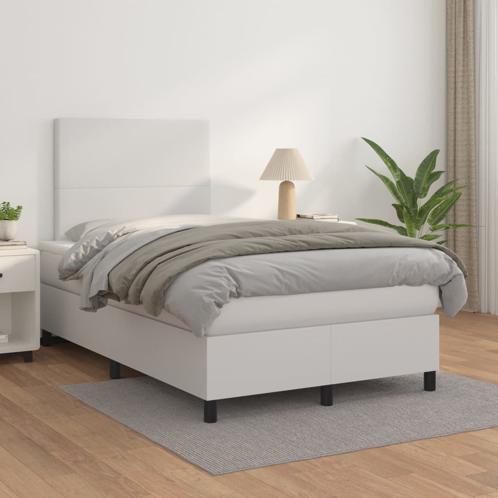 vidaXL Pat box spring cu saltea, alb, 120x200 cm, piele ecologică