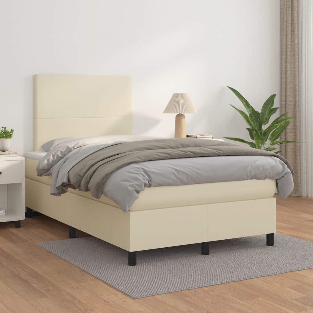vidaXL Pat box spring cu saltea, crem, 120x200 cm, piele ecologică