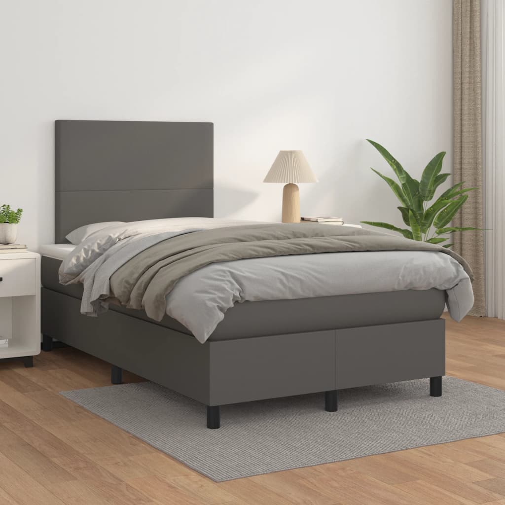 vidaXL Pat box spring cu saltea, gri, 120x200 cm, piele ecologică