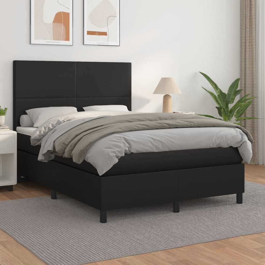 vidaXL Pat box spring cu saltea, negru, 140x190 cm, piele ecologică