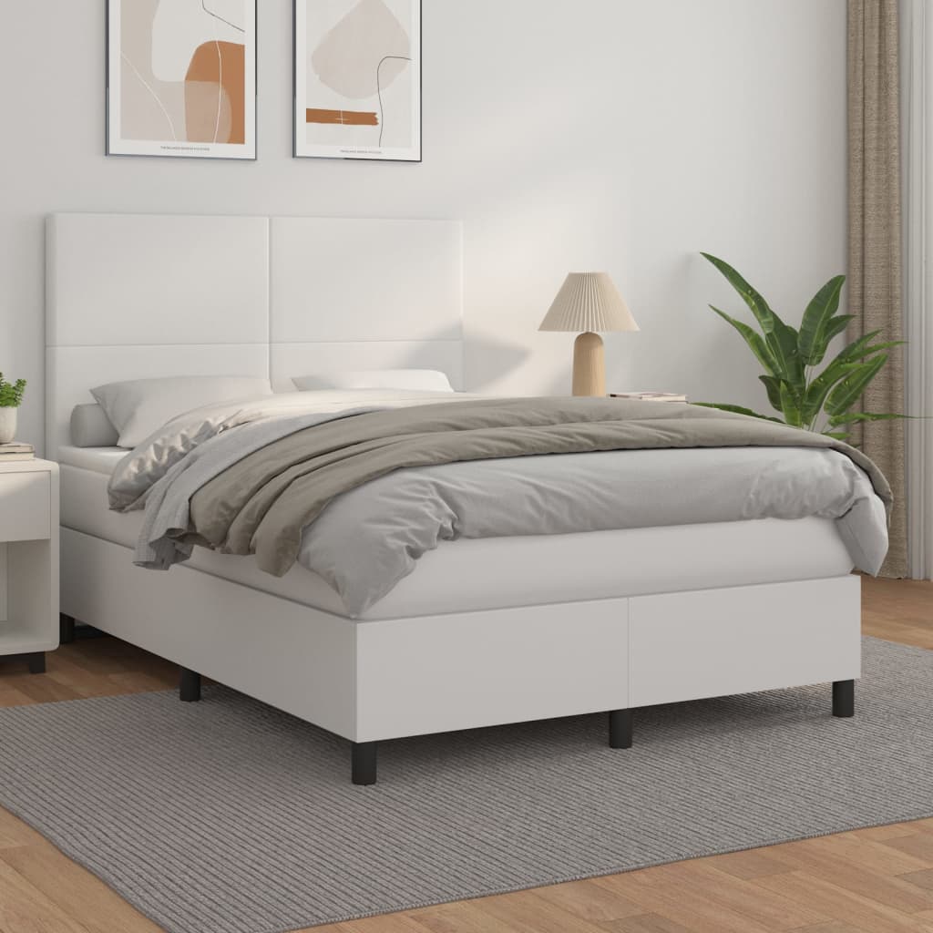 vidaXL Pat box spring cu saltea, alb, 140x190 cm, piele ecologică