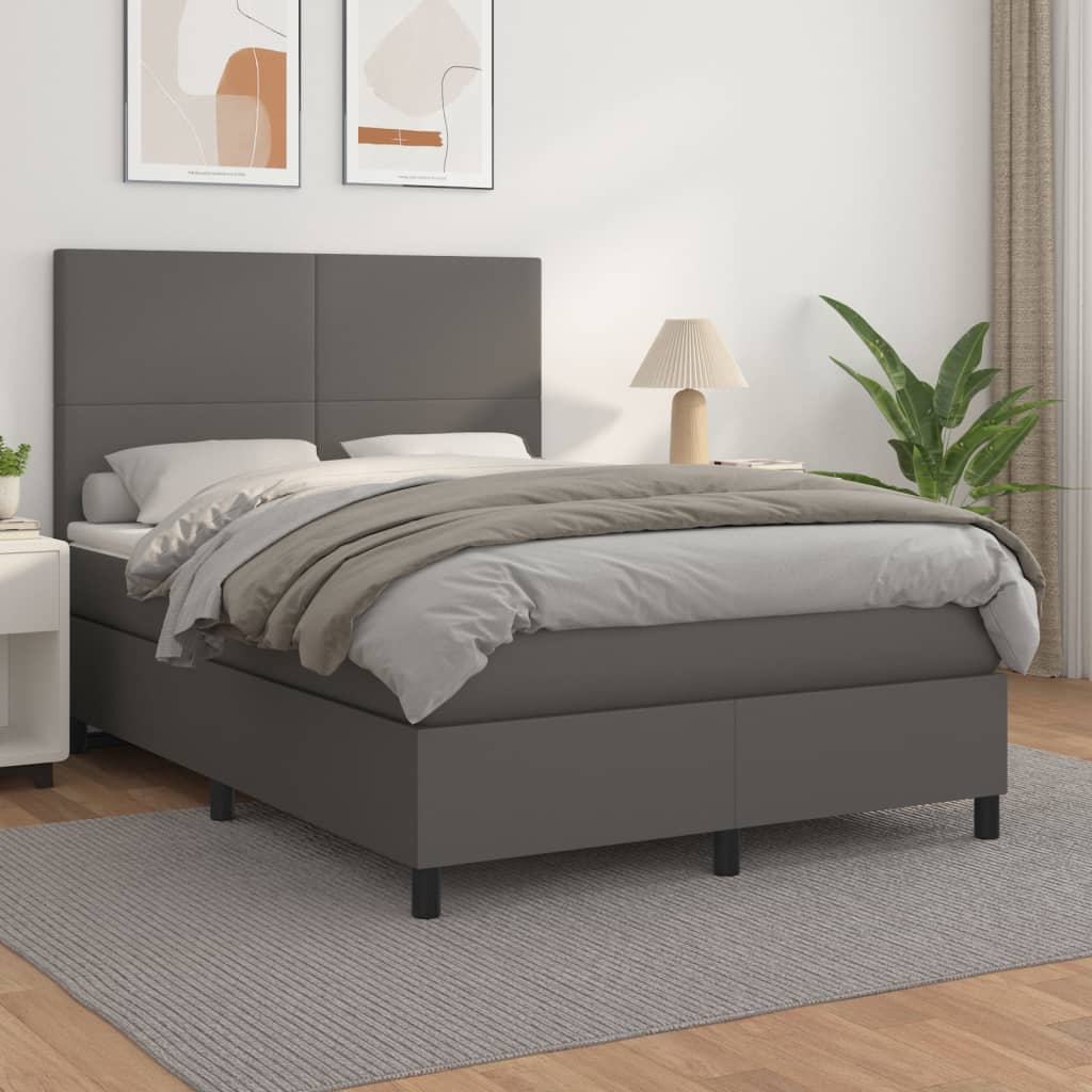 vidaXL Pat box spring cu saltea, gri, 140x190 cm, piele ecologică