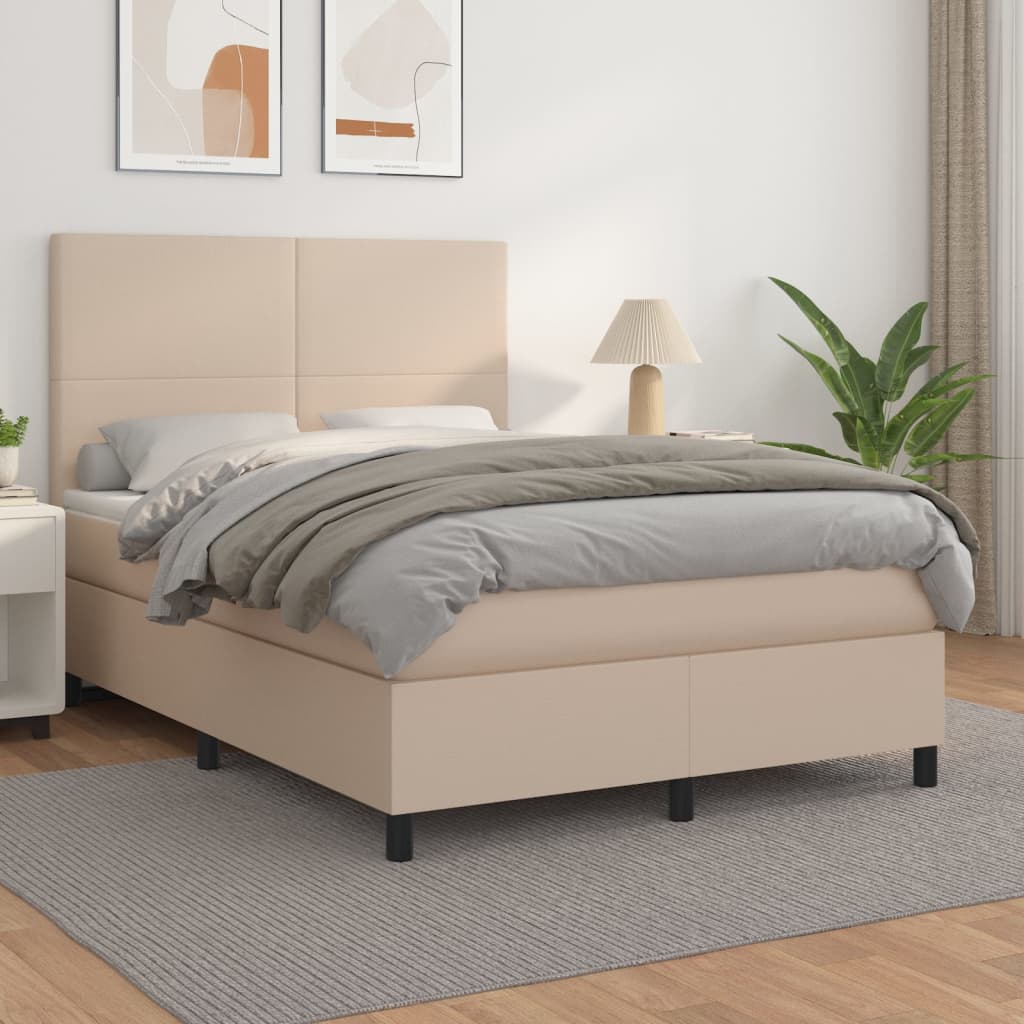 vidaXL Pat box spring cu saltea, cappuccino, 140x200cm piele ecologică