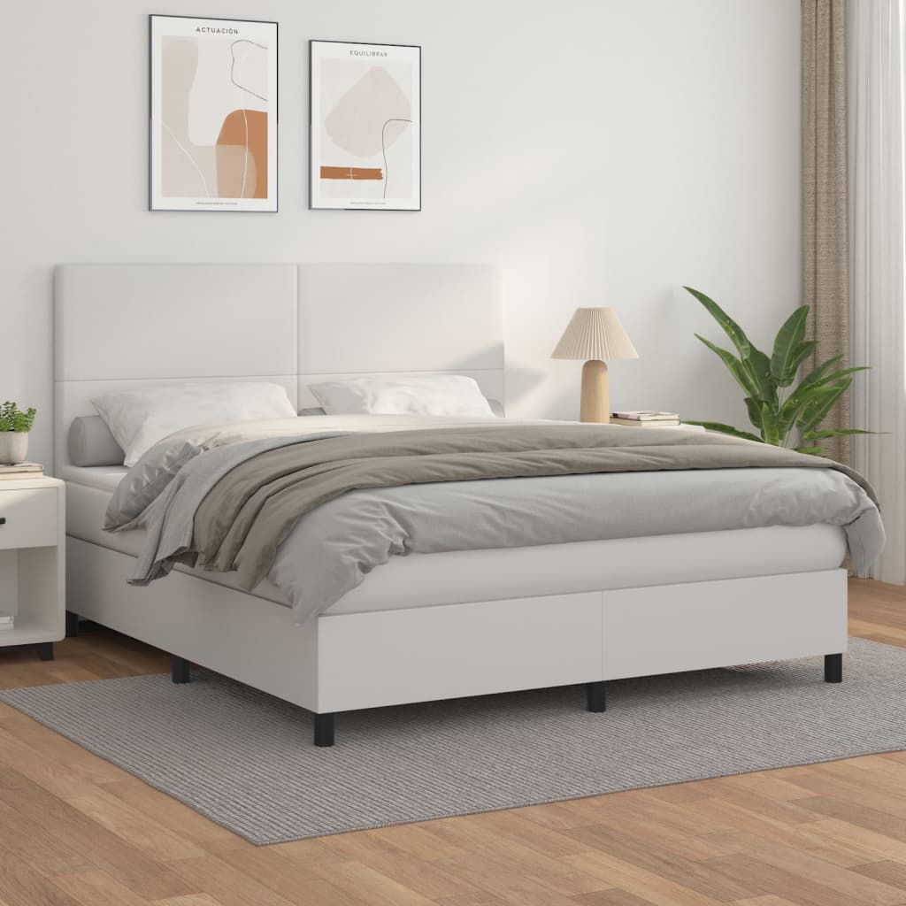 vidaXL Pat box spring cu saltea, alb, 160x200 cm, piele ecologică