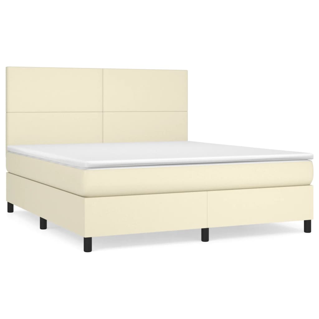 Pat box spring cu saltea, crem, 180x200 cm, piele ecologică