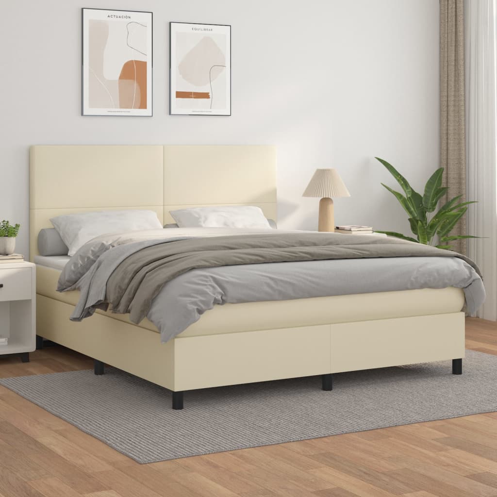 vidaXL Pat box spring cu saltea, crem, 180x200 cm, piele ecologică