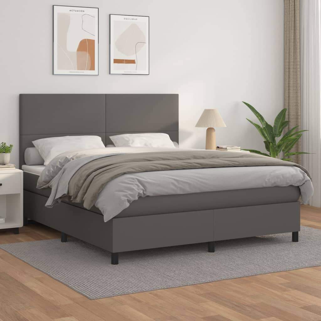 vidaXL Pat box spring cu saltea, gri, 180x200 cm, piele ecologică